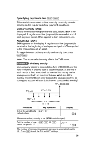 Page 29
28
Specifying payments due (. 
")
This calculator can select ordinary annuity or annuity due de-
pending on the regular cash ﬂ ow (payment) conditions.
Ordinary annuity (END):
This is the default setting for ﬁ nancial calculations.  BGN is not 
displayed. A regular cash ﬂ ow (payment) is received at end of 
each payment period. Often applied to loan calculations, etc.
Annuity due (BGN): 
BGN  appears on the display. A regular cash ﬂ ow (payment) is 
received at the beginning of each payment period....