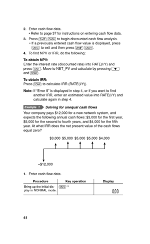 Page 4241
2. Enter cash ﬂ ow data.
• Refer to page 37 for instructions on entering cash ﬂ ow data.
3. Press 
. 
< to begin discounted cash ﬂ ow analysis.
• If a previously entered cash ﬂ ow value is displayed, press 
s to exit and then press 
. 
