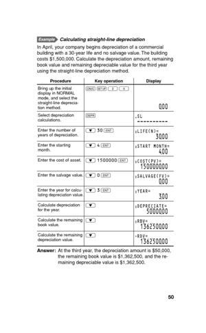 Page 5150
  Calculating straight-line depreciation
In April, your company begins depreciation of a commercial 
building with a 30-year life and no salvage value. The building 
costs $1,500,000. Calculate the depreciation amount, remaining 
book value and remaining depreciable value for the third year 
using the straight-line depreciation method.
Procedure Key operation Display
Bring up the initial 
display in NORMAL 
mode, and select the 
straight-line deprecia-
tion method.s 
~ 
2 
0
000
Select depreciation...