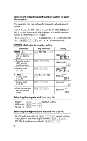 Page 109
Selecting the ﬂ oating point number system in scien-
tiﬁ c notation
The calculator has two settings for displaying a ﬂ oating point 
number:
FLO_A (FLOAT A) and FLO_B (FLOAT B). In each display set-
ting, a number is automatically displayed in scientiﬁ c notation 
outside the following preset ranges:
• FLO_A 
~ 
0 
2:  0.000000001 
≤ | X | ≤ 9,999,999,999
• FLO_B 
~ 
0 
3:  0.01 
≤ | X | ≤ 9,999,999,999
  Switching the notation setting
Procedure Key operation Display
100000 ÷ 3 =  
Fixed decimal point...