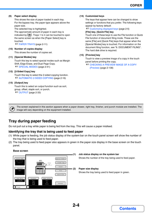 Page 1132-4
COPIER
Contents
(9) Paper select display
This shows the size of paper loaded in each tray.
For the bypass tray, the paper type appears above the 
paper size.
The selected tray is highlighted.
The approximate amount of paper in each tray is 
indicated by  . Trays 1 to 4 can be touched to open 
the same screen as when the [Paper Select] key is 
touched.
☞PAPER TRAYS (page 2-11)
(10) Number of copies display
This shows the number of copies set.
(11) [Special Modes] key
Touch this key to select special...