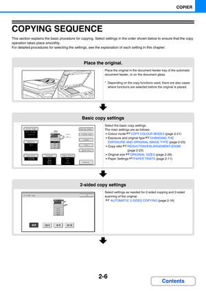 Page 1152-6
COPIER
Contents
COPYING SEQUENCE
This section explains the basic procedure for copying. Select settings in the order shown below to ensure that the copy 
operation takes place smoothly.
For detailed procedures for selecting the settings, see the explanation of each setting in this chapter.
Place the original.
Place the original in the document feeder tray of the automatic 
document feeder, or on the document glass.
* Depending on the copy functions used, there are also cases 
where functions are...