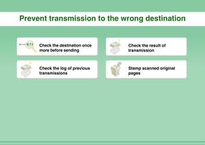 Page 21Prevent transmission to the wrong destination
Check the destination once 
more before sending
Check the result of 
transmission
Check the log of previous 
transmissions
Stamp scanned original 
pages 