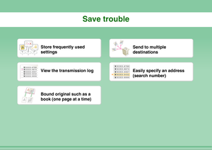 Page 23Save trouble
12 3
Store frequently used 
settings
Send to multiple 
destinations
XXXX-6789XXXX-9874XXXX-4567XXXX-5432XXXX-9999
View the transmission log
XXXX-6789XXXX-9874XXXX-4567XXXX-5432XXXX-9999
Easily specify an address 
(search number)
Bound original such as a 
book (one page at a time) 