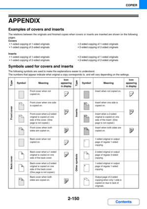 Page 2592-150
COPIER
Contents
APPENDIX
Examples of covers and inserts
The relations between the originals and finished copies when covers or inserts are inserted are shown on the following 
pages.
Covers
 1-sided copying of 1-sided originals
 1-sided copying of 2-sided originals 2-sided copying of 1-sided originals
 2-sided copying of 2-sided originals
Inserts
 1-sided copying of 1-sided originals
 1-sided copying of 2-sided originals 2-sided copying of 1-sided originals
 2-sided copying of 2-sided...