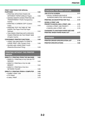 Page 2663-2
PRINTER
PRINT FUNCTIONS FOR SPECIAL 
PURPOSES  . . . . . . . . . . . . . . . . . . . . . . . . . . . . . .  3-50
 PRINTING SPECIFIED PAGES ON 
DIFFERENT PAPER (Different Paper). . . . . . .  3-50
 ADDING INSERTS WHEN PRINTING ON 
TRANSPARENCY FILM (Transparency 
Inserts) . . . . . . . . . . . . . . . . . . . . . . . . . . . . . . .  3-52
 PRINTING A CARBON COPY (Carbon 
Copy)  . . . . . . . . . . . . . . . . . . . . . . . . . . . . . . . .  3-53
 PRINTING TEXT ON TABS OF TAB 
PAPER (Tab Paper...