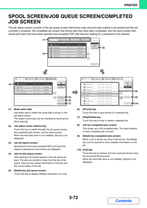 Page 3363-72
PRINTER
Contents
SPOOL SCREEN/JOB QUEUE SCREEN/COMPLETED 
JOB SCREEN
The job status screen consists of the job queue screen that shows copy and print jobs waiting to be printed and the job 
currently in progress, the completed job screen that shows jobs that have been completed, and the spool screen that 
shows print jobs that have been spooled and encrypted PDF jobs that are waiting for a password to be entered. 
(1) Mode select tabs
Use these tabs to select the mode that is shown in the 
job...