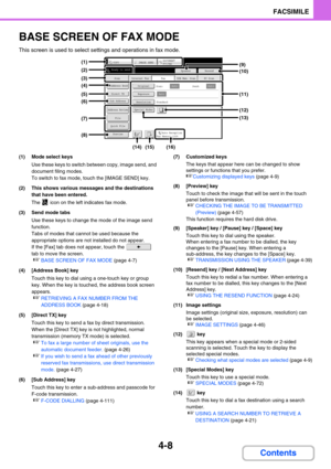 Page 3524-8
FACSIMILE
Contents
BASE SCREEN OF FAX MODE
This screen is used to select settings and operations in fax mode.
(1) Mode select keys
Use these keys to switch between copy, image send, and 
document filing modes.
To switch to fax mode, touch the [IMAGE SEND] key.
(2) This shows various messages and the destinations 
that have been entered.
The   icon on the left indicates fax mode.
(3) Send mode tabs
Use these keys to change the mode of the image send 
function. 
Tabs of modes that cannot be used...