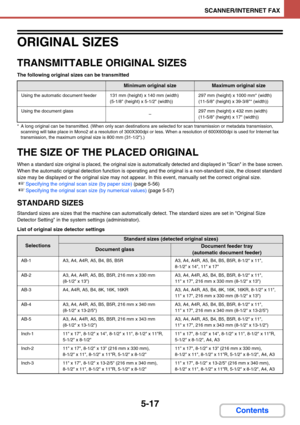 Page 5005-17
SCANNER/INTERNET FAX
Contents
ORIGINAL SIZES
TRANSMITTABLE ORIGINAL SIZES
The following original sizes can be transmitted
* A long original can be transmitted. (When only scan destinations are selected for scan transmission or metadata transmission, 
scanning will take place in Mono2 at a resolution of 300X300dpi or less. When a resolution of 600X600dpi is used for Internet fax 
transmission, the maximum original size is 800 mm (31-1/2).)
THE SIZE OF THE PLACED ORIGINAL
When a standard size original...