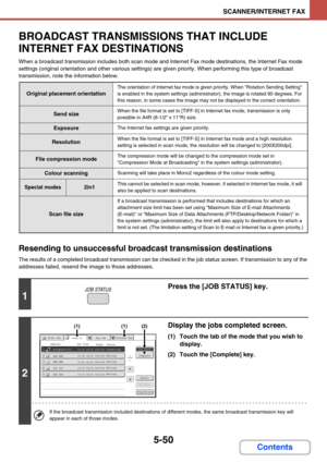 Page 5335-50
SCANNER/INTERNET FAX
Contents
BROADCAST TRANSMISSIONS THAT INCLUDE 
INTERNET FAX DESTINATIONS
When a broadcast transmission includes both scan mode and Internet Fax mode destinations, the Internet Fax mode 
settings (original orientation and other various settings) are given priority. When performing this type of broadcast 
transmission, note the information below.
Resending to unsuccessful broadcast transmission destinations
The results of a completed broadcast transmission can be checked in the...