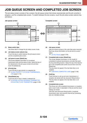 Page 5875-104
SCANNER/INTERNET FAX
Contents
JOB QUEUE SCREEN AND COMPLETED JOB SCREEN
The job status screen consists of two screens: the job queue screen that shows reserved jobs and the job currently in 
progress, and the completed jobs screen. To switch between the two screens, touch the job status screen selector key 
((2) below).
Job queue screen Complete screen
(1) Mode switch tabs
Use these tabs to change the job status screen mode.
(2) Job status screen selector key
Touch this key to switch between the...