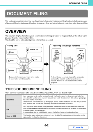 Page 6186-2
DOCUMENT FILING
Contents
This section provides information that you should know before using the document filing function, including an overview 
of document filing, the features and functions of document filing, and points to keep in mind when using document filing.
OVERVIEW
The document filing function allows you to save the document image of a copy or image send job, or the data of a print 
job, as a file on the machines hard drive.
The stored file can be retrieved and printed or transmitted as...