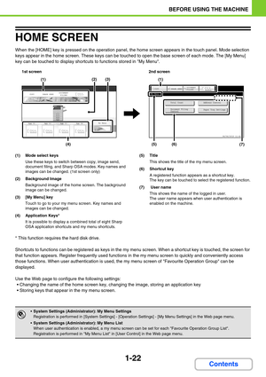 Page 631-22
BEFORE USING THE MACHINE
Contents
HOME SCREEN
When the [HOME] key is pressed on the operation panel, the home screen appears in the touch panel. Mode selection 
keys appear in the home screen. These keys can be touched to open the base screen of each mode. The [My Menu] 
key can be touched to display shortcuts to functions stored in My Menu.
(1) Mode select keys
Use these keys to switch between copy, image send, 
document filing, and Sharp OSA modes. Key names and 
images can be changed. (1st screen...