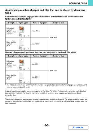 Page 6216-5
DOCUMENT FILING
Contents Approximate number of pages and files that can be stored by document 
filing
Combined total number of pages and total number of files that can be stored in custom 
folders and in the Main folder
Number of pages and number of files that can be stored in the Quick File folder
* The indicated numbers are guidelines for the number of pages that can be stored when all pages are full colour, and 
when all pages are black & white.
Copying in sort mode uses the same memory area as...