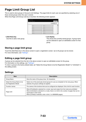 Page 7217-53
SYSTEM SETTINGS
Contents
Page Limit Group List
This is used to store groups of Account Limit Settings. The page limits for each user are specified by selecting one of 
these stored groups when the user is stored.
When the [Page Limit Group List] key is touched, the following screen appears.
[Add New] key
Use this to add a new group.List display
This shows the currently stored groups. A group name 
can be selected to open an edit/delete screen for that 
group.
Storing a page limit group
Touch the...