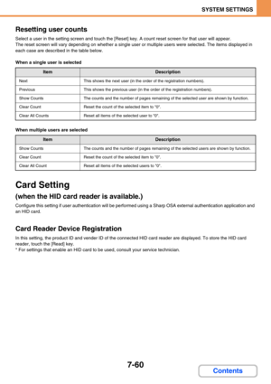 Page 7287-60
SYSTEM SETTINGS
Contents Resetting user counts
Select a user in the setting screen and touch the [Reset] key. A count reset screen for that user will appear.
The reset screen will vary depending on whether a single user or multiple users were selected. The items displayed in 
each case are described in the table below.
When a single user is selected
When multiple users are selected
Card Setting
(when the HID card reader is available.)
Configure this setting if user authentication will be performed...