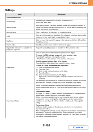 Page 7707-102
SYSTEM SETTINGS
Contents Settings
ItemDescription
General items stored
Address TypeSelect the type of address to be stored in the address book.
In this case, select [Fax].
Search Number
Set a search number. The lowest available number is automatically entered. To 
change the number, enter a number from 0001 to 1000. A search number that has 
already been stored cannot be used.
Address NameEnter a maximum of 36 characters for the address name.
InitialEnter up to 10 characters for the initials. The...