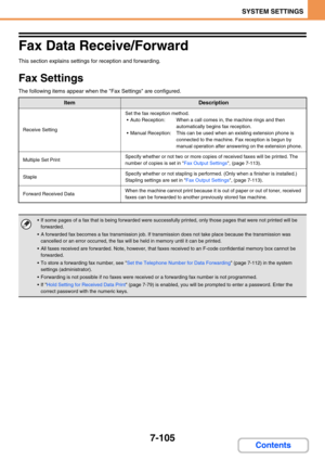 Page 7737-105
SYSTEM SETTINGS
Contents
Fax Data Receive/Forward
This section explains settings for reception and forwarding.
Fax Settings
The following items appear when the Fax Settings are configured.
ItemDescription
Receive Setting
Set the fax reception method.
 Auto Reception: When a call comes in, the machine rings and then 
automatically begins fax reception.
 Manual Reception: This can be used when an existing extension phone is 
connected to the machine. Fax reception is begun by 
manual operation...