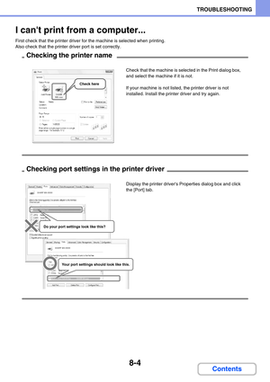 Page 7888-4
TROUBLESHOOTING
Contents
I cant print from a computer...
First check that the printer driver for the machine is selected when printing.
Also check that the printer driver port is set correctly.
Check here
Checking the printer name
Check that the machine is selected in the Print dialog box, 
and select the machine if it is not.
If your machine is not listed, the printer driver is not 
installed. Install the printer driver and try again.
SHARP MX-XXXX
SHARP MX-XXXX
Do your port settings look like...