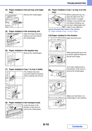 Page 7948-10
TROUBLESHOOTING
Contents
(4) Paper misfeed in the exit tray unit (right 
tray)
Remove the misfed paper.
(5) Paper misfeed in the reversing unit
Open the Paper reversing 
section cover and remove 
the misfed paper.
(6) Paper misfeed in the bypass tray
Remove the misfed paper.
(7) Paper misfeed in tray 1 to tray 4 (side)
The misfeed may have 
occurred inside the machine. 
Check carefully and remove 
it.
(8) Paper misfeed in the transport area
Lower the lever in the 
direction of the arrow to 
remove...