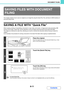 Page 6276-11
DOCUMENT FILING
Contents
This chapter explains how to save an original as an image file using the Quick File, File, and Scan to HDD functions of 
document filing mode.
SAVING A FILE WITH Quick File
When copying, printing or transmitting a document in copy mode, print mode, or image send mode (excluding USB 
memory scan mode), Quick File can be selected to save an image of the document to the Quick File folder.
The image can retrieved at a later time, allowing you to print or transmit the document...