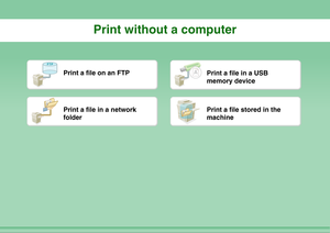 Page 12Print without a computer
FTP
Print a file on an FTP
Print a file in a USB 
memory device
Print a file in a network 
folder
Print a file stored in the 
machine 