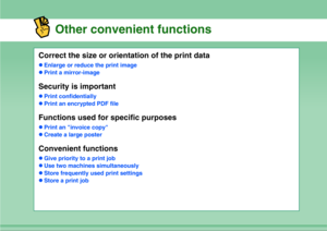 Page 17Other convenient functions
Correct the size or orientation of the print datazEnlarge or reduce the print image
zPrint a mirror-imageSecurity is importantzPrint confidentially
zPrint an encrypted PDF fileFunctions used for specific purposeszPrint an invoice copy
zCreate a large posterConvenient functionszGive priority to a print job
zUse two machines simultaneously
zStore frequently used print settings
zStore a print job 