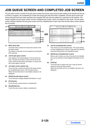 Page 2232-125
COPIER
Contents
JOB QUEUE SCREEN AND COMPLETED JOB SCREEN
The job status screen consists of the job queue screen that shows copy and print jobs waiting to be printed and the job 
currently in progress, the completed job screen that shows jobs that have been completed, and the spool screen that 
shows print jobs that have been spooled and encrypted PDF jobs that are waiting for a password to be entered. This 
section explains the job queue screen and the completed jobs screen, which are related to...