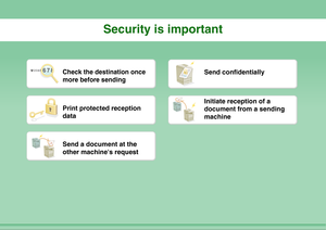 Page 24Security is important
Check the destination once 
more before sending
Send confidentially
Print protected reception 
data
Initiate reception of a 
document from a sending 
machine
Send a document at the 
other machines request 