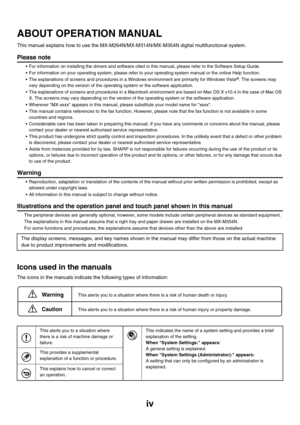 Page 41iv
ABOUT OPERATION MANUAL
This manual explains how to use the MX-M264N/MX-M314N/MX-M354N digital multifunctional system.
Please note
 For information on installing the drivers and software cited in this manual, please refer to the Software Setup Guide.
 For information on your operating system, please refer to your operating system manual or the online Help function.
 The explanations of screens and procedures in a Windows environment are primarily for Windows
 Vista®. The screens may 
vary depending...