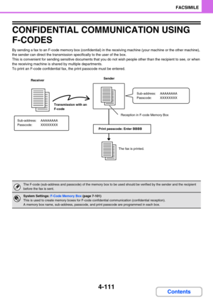 Page 4214-111
FACSIMILE
Contents
CONFIDENTIAL COMMUNICATION USING 
F-CODES
By sending a fax to an F-code memory box (confidential) in the receiving machine (your machine or the other machine), 
the sender can direct the transmission specifically to the user of the box.
This is convenient for sending sensitive documents that you do not wish people other than the recipient to see, or when 
the receiving machine is shared by multiple departments.
To print an F-code confidential fax, the print passcode must be...