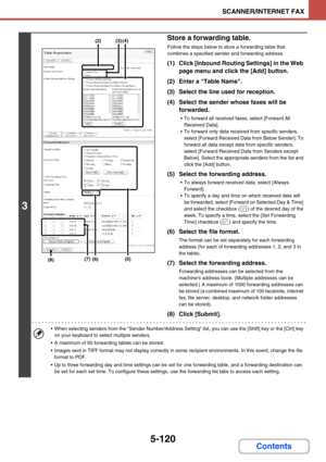 Page 5685-120
SCANNER/INTERNET FAX
Contents
3
Store a forwarding table.
Follow the steps below to store a forwarding table that 
combines a specified sender and forwarding address.
(1) Click [Inbound Routing Settings] in the Web 
page menu and click the [Add] button.
(2) Enter a Table Name.
(3) Select the line used for reception.
(4) Select the sender whose faxes will be 
forwarded.
 To forward all received faxes, select [Forward All 
Received Data].
 To forward only data received from specific senders,
select...