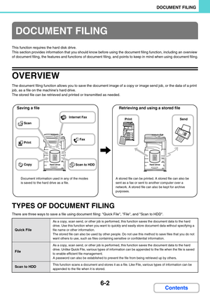 Page 5826-2
DOCUMENT FILING
Contents
This function requires the hard disk drive.
This section provides information that you should know before using the document filing function, including an overview 
of document filing, the features and functions of document filing, and points to keep in mind when using document filing.
OVERVIEW
The document filing function allows you to save the document image of a copy or image send job, or the data of a print 
job, as a file on the machines hard drive.
The stored file can...