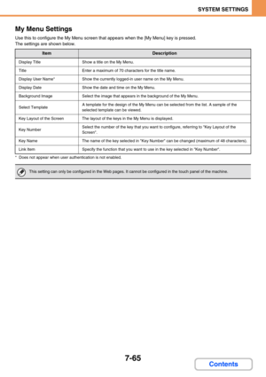 Page 6977-65
SYSTEM SETTINGS
Contents My Menu Settings
Use this to configure the My Menu screen that appears when the [My Menu] key is pressed.
The settings are shown below.
* Does not appear when user authentication is not enabled.
ItemDescription
Display TitleShow a title on the My Menu.
TitleEnter a maximum of 70 characters for the title name.
Display User Name*Show the currently logged-in user name on the My Menu.
Display DateShow the date and time on the My Menu.
Background ImageSelect the image that...