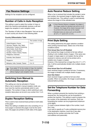 Page 7427-110
SYSTEM SETTINGS
Contents
Settings for fax reception can be configured.
Number of Calls in Auto Reception
This setting is used to select the number of rings on 
which the machine automatically receives a call and 
begins fax reception in auto reception mode. 
The Number of Calls in Auto Reception that can be set 
in each country are shown in the following table.
Country Differentiation Table
Switching from Manual to 
Automatic Reception
This setting can only be activated in France.
When a fax is...