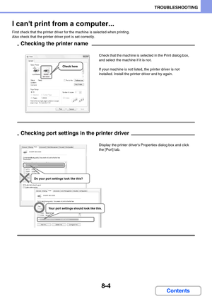 Page 7508-4
TROUBLESHOOTING
Contents
I cant print from a computer...
First check that the printer driver for the machine is selected when printing.
Also check that the printer driver port is set correctly.
Check here
Checking the printer name
Check that the machine is selected in the Print dialog box, 
and select the machine if it is not.
If your machine is not listed, the printer driver is not 
installed. Install the printer driver and try again.
SHARP MX-XXXX
SHARP MX-XXXX
Do your port settings look like...