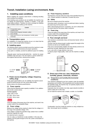 Page 20;17UDQVLW,QVWDOODWLRQXVLQJHQYLURQPHQW1RWHL
0;16HUYLFH0DQXDOTransit, Installation (using) environment, Note
1. Installing (use) conditions
%HIRUH LQVWDOOLQJ WKH PDFKLQHFKHFNWKDWWK H IROORZLQJLQVW DOOLQJ 
XVHFRQGLWLRQVDUHVDWLVILHG 
,IWKHLQVWDOOLQJXVHFRQGLWLRQV DUHQRWVDWLVILHGWKHPDF KLQHPD\
Q RW GLVSOD\
IXOO SHUIRUPDQFHV UHVXOWLQJ LQ WURXEOHV ,W PD\ DO VR
FDXVHVDIHW\SUREOHPV7KHUHIRUHEHVXUHWRDUUDQJHWKHLQVWDOOLQJ 
XVH...