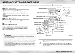 Page 1111
NAMES OF PARTS AND POWER INPUT
The machine has two power switches: The main power switch inside the front cover located in the lower left corner, and the [Power] button (  ) on the operation panel.
• When using the fax or Internet fax function, always keep the main power switch in 
the "On" position.
•  In some machine operating states, restarting using the [Power] button (
) may 
not make the settings take effect. In this case, turn off the main power switch and 
then turn it on again....