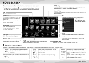 Page 1212
This screen appears first. When you touch an icon, the corresponding screen appears. 
Pressing the [Home Screen] button () on the operation panel also displays this screen.
* The screen may differ from the actual one depending on the model or customization.
HOME SCREEN
Double  
tapping
 
Lightly tap the touch panel twice. Use this 
method to switch preview modes or enlarge a 
preview image.
Flicking
 
Flick the panel to scroll a preview image.
Tapping
 
Touch and then quickly release the finger.
Use...