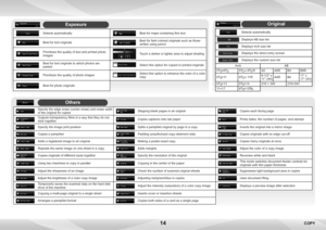 Page 1414
Exposure
Selects automaticallyBest for maps containing fine text
Best for text originalsBest for faint colored originals such as those 
written using pencil
Prioritizes the quality of text and printed photo 
imagesTouch a darker or lighter area to adjust shading
Best for text originals to which photos are 
pastedSelect this option for copied or printed originals
Prioritizes the quality of photo imagesSelect this option to enhance the color of a color 
copy
Best for photo originals
Original
Selects...