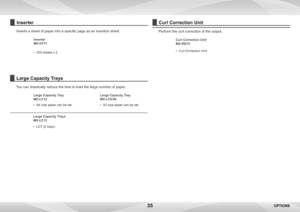 Page 3535
Inserter
Inserts a sheet of paper into a specific page as an insertion sheet.
Inserter
MX-CF11
• 200 sheets x 2
Large Capacity Trays
You can drastically reduce the time to load the large number of paper.
Large Capacity Tray
MX-LC12 Large Capacity Tray
MX-LCX3N
•  A4 size paper can be set. • A3 size paper can be set.
Large Capacity Trays
MX-LC13
•  LCT (2 trays)
Curl Correction Unit
Perform the curl correction of the output.
Curl Correction Unit
MX-RB15
• Curl Correction Unit
OPTIONS   