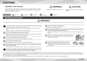 Page 77
Symbols in this manual
To ensure safe use of the machine, this manual uses various safety symbols. The safety 
symbols are classified as explained below. Be sure you understand the meaning of the 
symbols when reading the manual.
 WARNING CAUTION
Indicates a risk of death or serious injury.Indicates a risk of human injury or property 
damage.
CAUTIONS
If you notice smoke, a strange odor, or other abnormality, do not use the machine.
If used in this condition, fire or electrical shock may result....