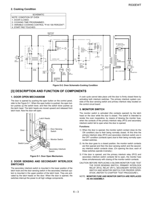 Page 11R530EWT
6 – 3 2. Cooking Condition
                                                                            Figure O-2. Oven Schematic-Cooking Condition
[3] DESCRIPTION AND FUNCTION OF COMPONENTS
1. DOOR OPEN MECHANISM
The door is opened by pushing the open button on the control panel,
refer to the Figure D-1. When the open button is pushed, the open but-
ton pushes up the switch lever, and then the switch lever pushes up
the latch head. The latch heads are moved upward and released from
latch hook....