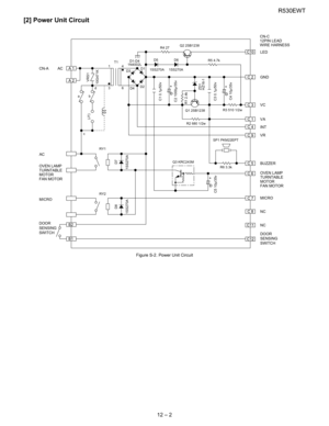Page 33R530EWT
12 – 2
[2] Power Unit Circuit
Figure S-2. Power Unit Circuit
+
Ð
+
Ð
+
Ð
A1
CN-A
R4 27
D5
T1
1
34
D1
D3
D2
D4 6
ab
cd
VRS1
(J1)
D7 D8
1SS270A 1SS270A10G471K
C1 0.1μ/50v
C3 0.1μ/50vZD1
HZ16-1
C5 10μ/35vC2 1000μ/35v
C4 10μ/35v R1 2.4k
1SS270A 1SS270A D1-D4
1N4002LD6
R5 4.7k
R2 680 1/2wR3 510 1/2w
R6 3.3k Q2 2SB1238
SP1 PKM22EPT Q1 2SB1238
RY1
RY2Q3 KRC243M
CN-C
12PIN LEAD
WIRE HARNESS
LED
GND
VC
VA
INT
VR
BUZZER
MICRO
NC
NC
DOOR
SENSING
SWITCH OVEN LAMP
TURNTABLE
MOTOR
FAN MOTOR AC
AC
MICRO
DOOR...