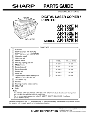 Page 5q     PARTS GUIDE
CONTENTS
Because parts marked with ! is indispensable for the machine safety maintenance and poeration, it must
Be replaced with the parts specific to the product specification.
SHARP CORPORATION
This document has been published to be used for
after sales service only.
The contents are subject to change without notice.
CODE:00ZAR157EN/P1
DIGITAL LASER COPIER /
PRINTER 
  
 AR-122E N AR-123E
 AR-152E N
 AR-153E N
 MODEL AR-157E N...