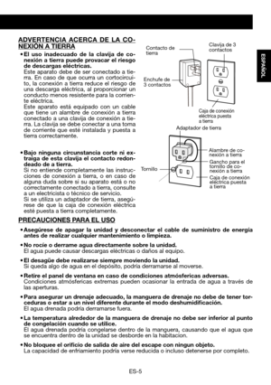 Page 35ES-5
ESPAÑOL
PRECAUCIONES PARA EL USO
•	Asegúrese	de	apagar	 la	unidad	 y	desconectar	 el	cable	 de	suministro	 de	energía	antes	de	realizar	cualquier	mantenimiento	o	limpieza.	
•	No	rocíe	o	derrame	agua	directamente	sobre	la	unidad.		 El	agua	puede	causar	descargas	eléctricas	o	daños	al	equipo.
•	El	desagüe	debe	realizarse	siempre	moviendo	la	unidad.	 Si queda algo de agua en el depósito, podría derramarse al moverse\
.
•	Retire	el	panel	de	ventana	en	caso	de	condiciones	atmósfericas	adversas....