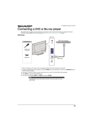 Page 2419
 LC-32LB261U Sharp 32" LED TV
Connecting a DVD or Blu-ray player
Many DVD or Blu-ray players have more than one connection type. To get the best video, you should use the best 
connection type available. For more information, see “What connection should I use?” on page12.
HDMI (best)
1Make sure that your TV’s power cord is unplugged and the DVD or Blu-ray player is turned off.
2Connect an HDMI cable (not provided) to one of the HDMI jacks on the side of your T V and to the HDMI OUT jack on 
the...