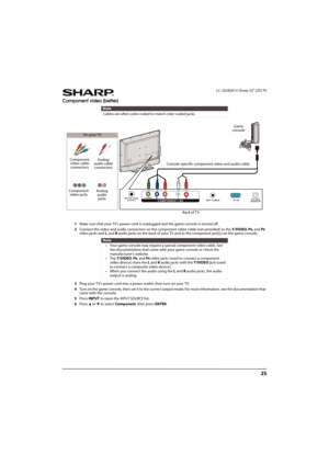 Page 3025
 LC-32LB261U Sharp 32" LED TV
Component video (better)
1Make sure that your TV’s power cord is unplugged and the game console is turned off.
2Connect the video and audio connectors on the component video cable (not provided) to the Y/VIDEO, P
B, and PR 
video jacks and L and Raudio jacks on the back of your TV and to the component jack(s) on the game console.
3Plug your TV’s power cord into a power outlet, then turn on your TV.
4Turn on the game console, then set it to the correct output mode. For...