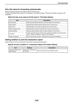 Page 114114
FAX FUNCTIONS
Set a file name for forwarding received data
Select from the pull-down menu of items used for the file name.
To add a desired text string, select the Characters and enter the string in Preset of Character using up to 64 
characters.
Select the item to be used as the file name in File Name Setting.
Setting whether to print the transaction report
Select whether to print the transaction report when forwarding received data.
Specify the print condition in Transaction Report Print Select...