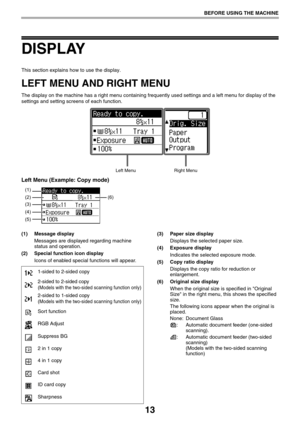 Page 1313
BEFORE USING THE MACHINE
DISPLAY
This section explains how to use the display.
LEFT MENU AND RIGHT MENU
The display on the machine has a right menu containing frequently used settings and a left menu for display of the 
settings and setting screens of each function.
Left Menu (Example: Copy mode)
(1) Message display
Messages are displayed regarding machine 
status and operation.
(2) Special function icon display
Icons of enabled special functions will appear.(3) Paper size display
Displays the...